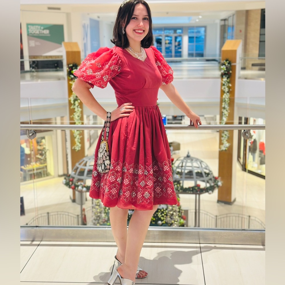 Vintage handmade pink puff sleeve embroidered metallic 1960s a-line party dress